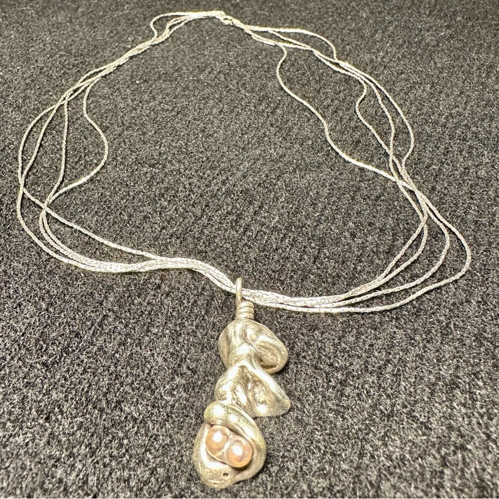 Handmade brutalist silver artisan pearl necklace on liquid silver chain Big Sur